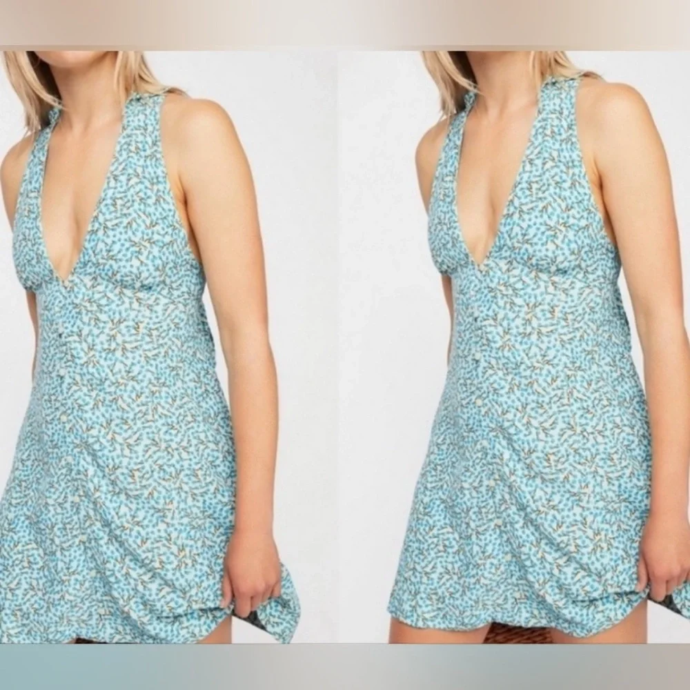 Free People C’est La Vie Collared Plunge Blue Floral‎ Backless Wrap Mini Dress 2 - Picture 10 of 11